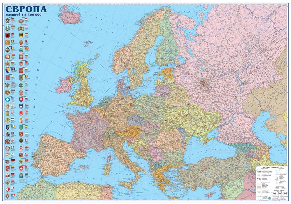 Political map of Europe 110x75 cm M1:5 400 000 laminated on strips