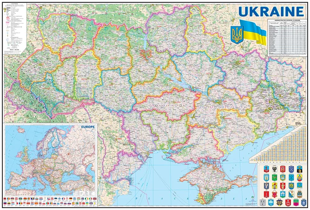 Карта України Адміністративно-територіальний устрій (англійська мова) 160x110 см М 1:850 000 ламінований папір
