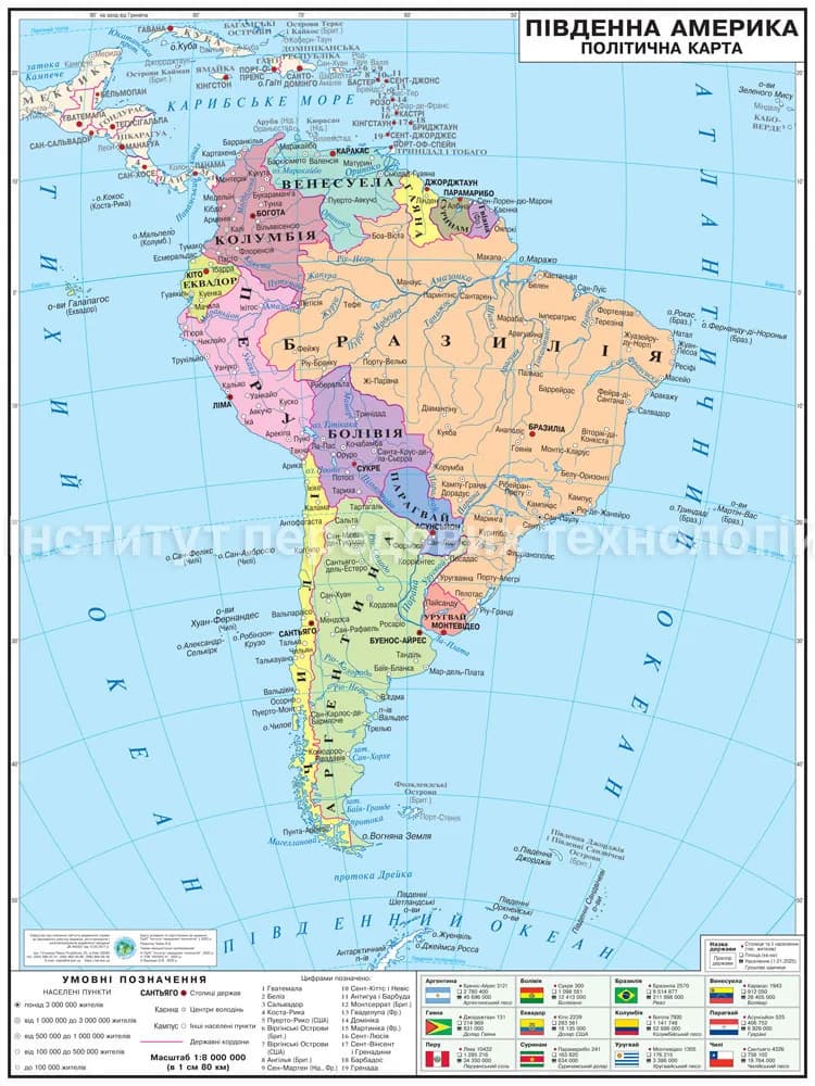 Political map of South America, 105x140 cm, scale 1: 8 000 000, laminated on strips