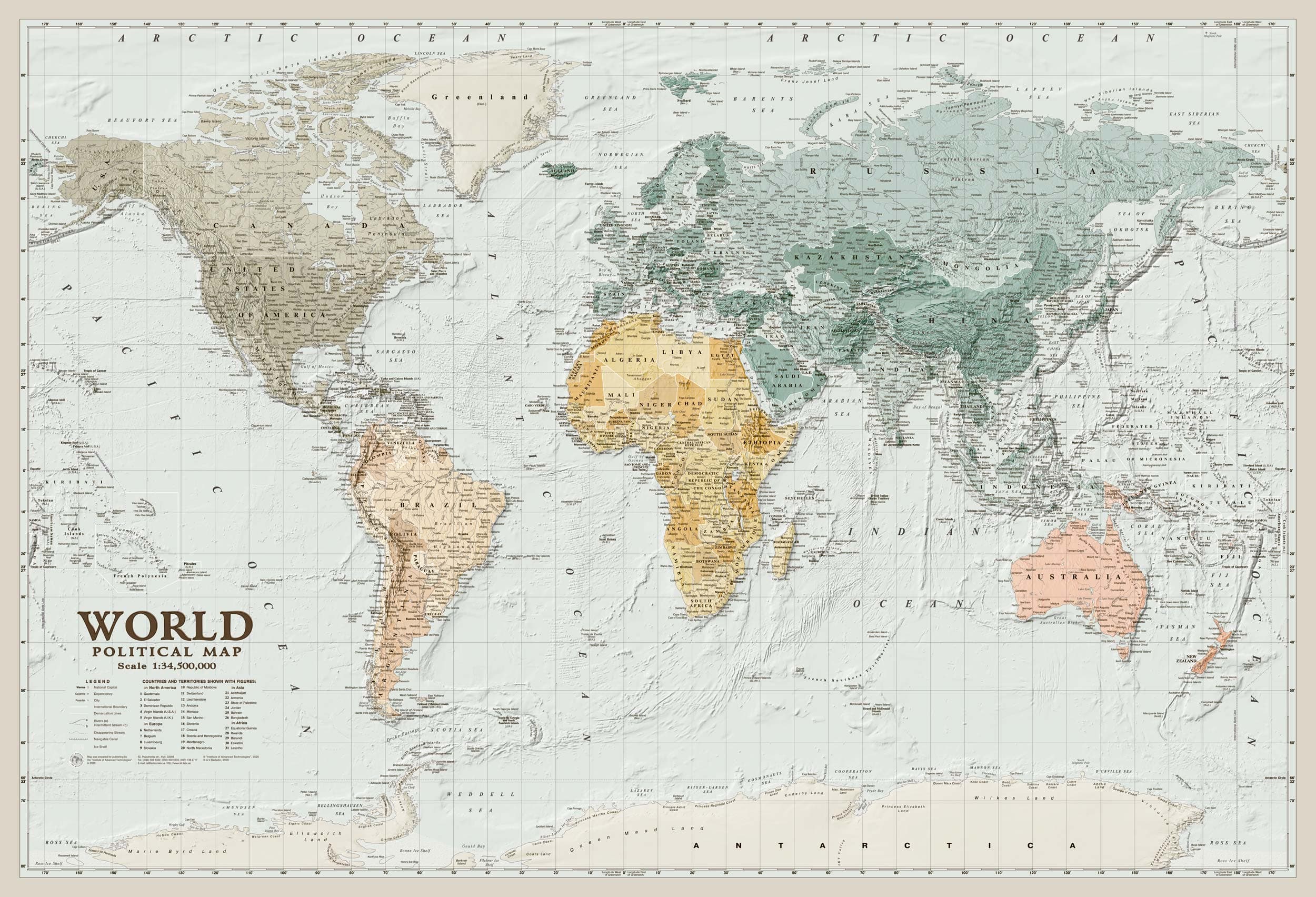 Political map of the world (World) 88x60 cm M1: 34 500 000 glossy paper on strips